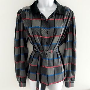 St.Michael Chic Plaid Pattern Black Collared Button Down Shirt with Belt 90’s